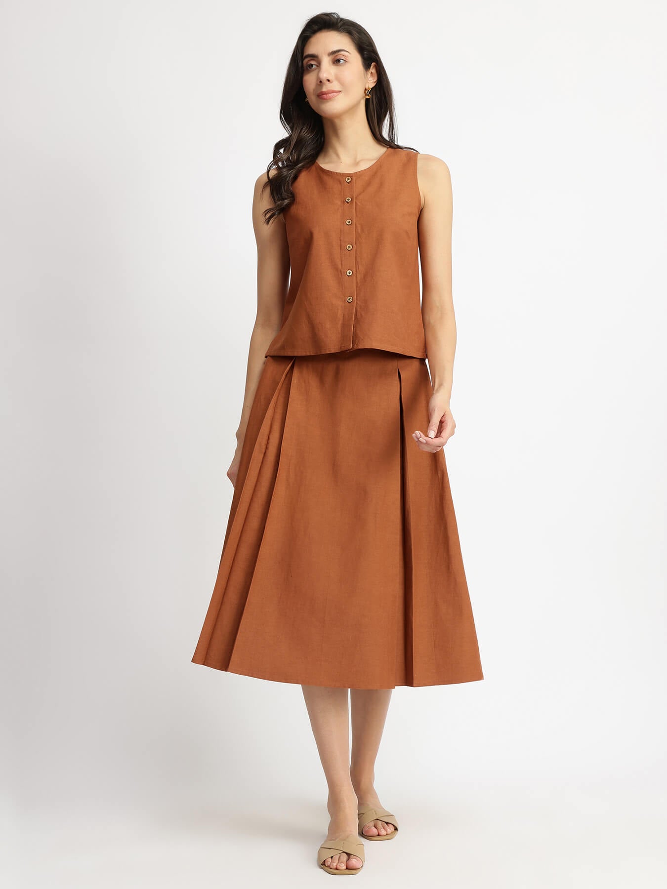 Linen Blend Solid Skirt Set - Rust