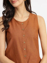 Linen Blend Solid Skirt Set - Rust