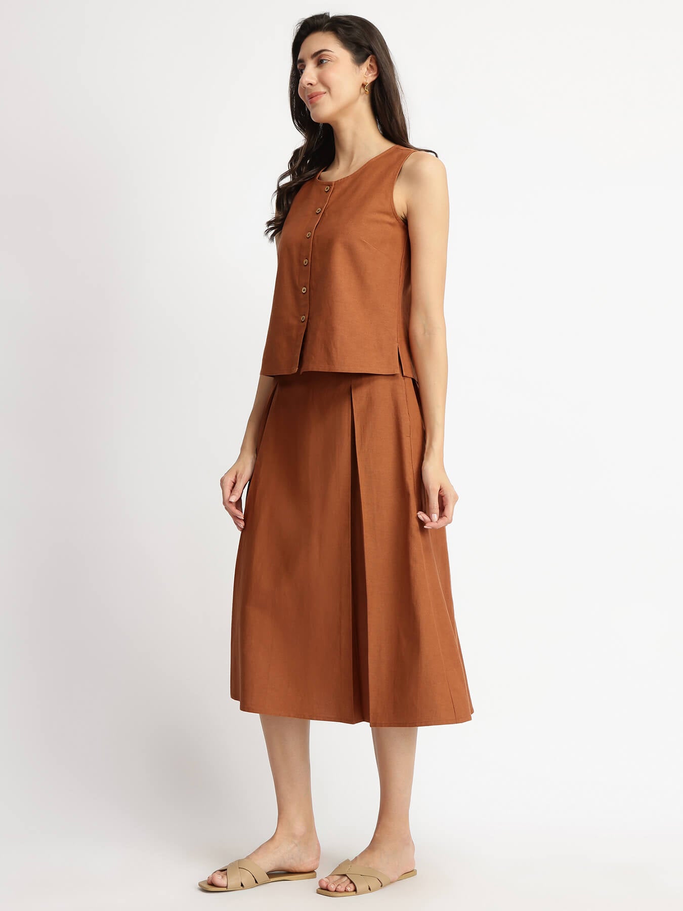 Linen Blend Solid Skirt Set - Rust
