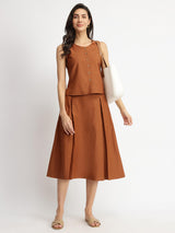 Linen Blend Solid Skirt Set - Rust
