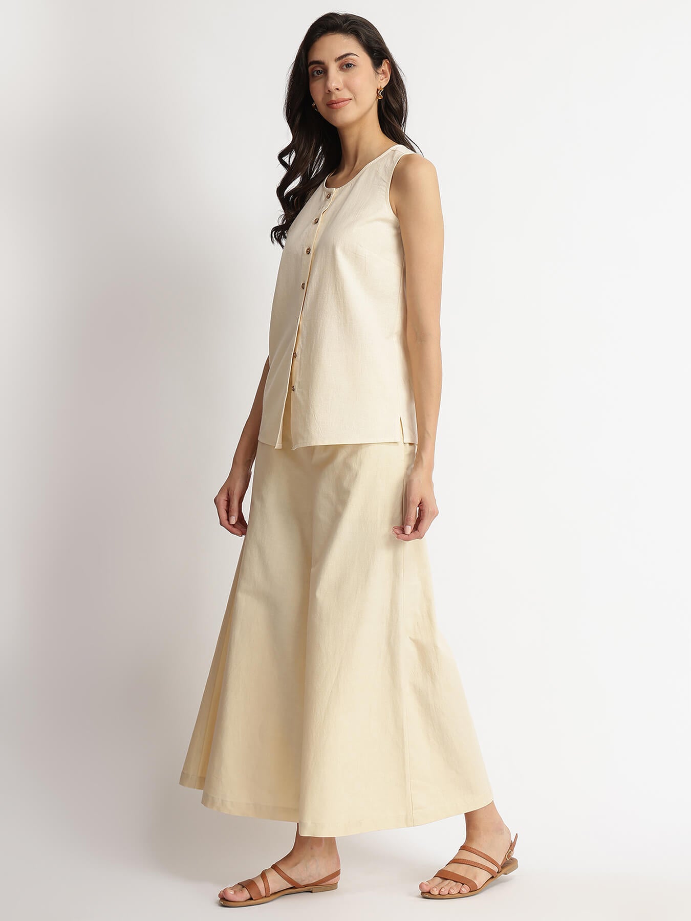 Linen Blend Solid Co-ord Set - Beige