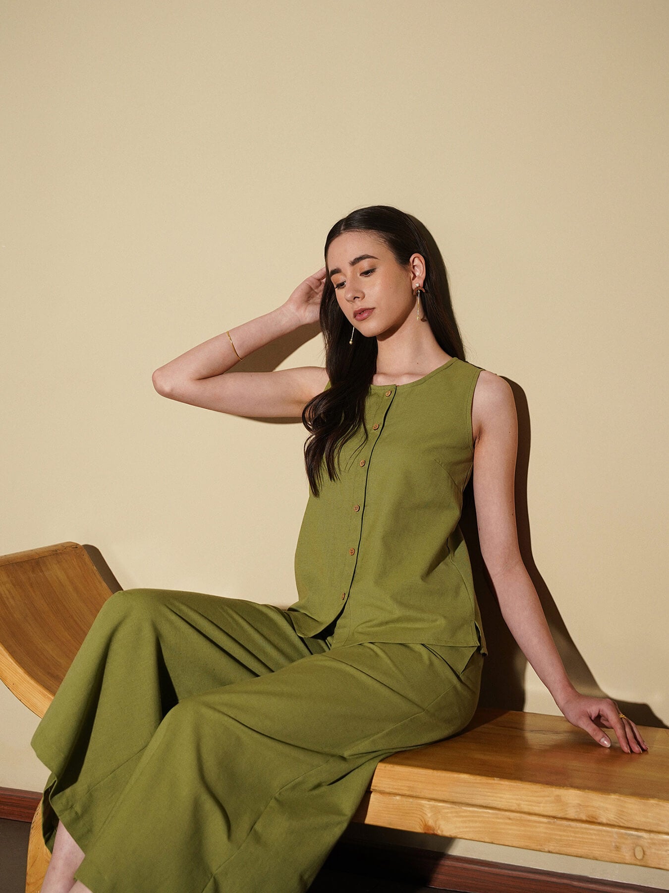 Linen Blend Solid Co-Ord Set - Green