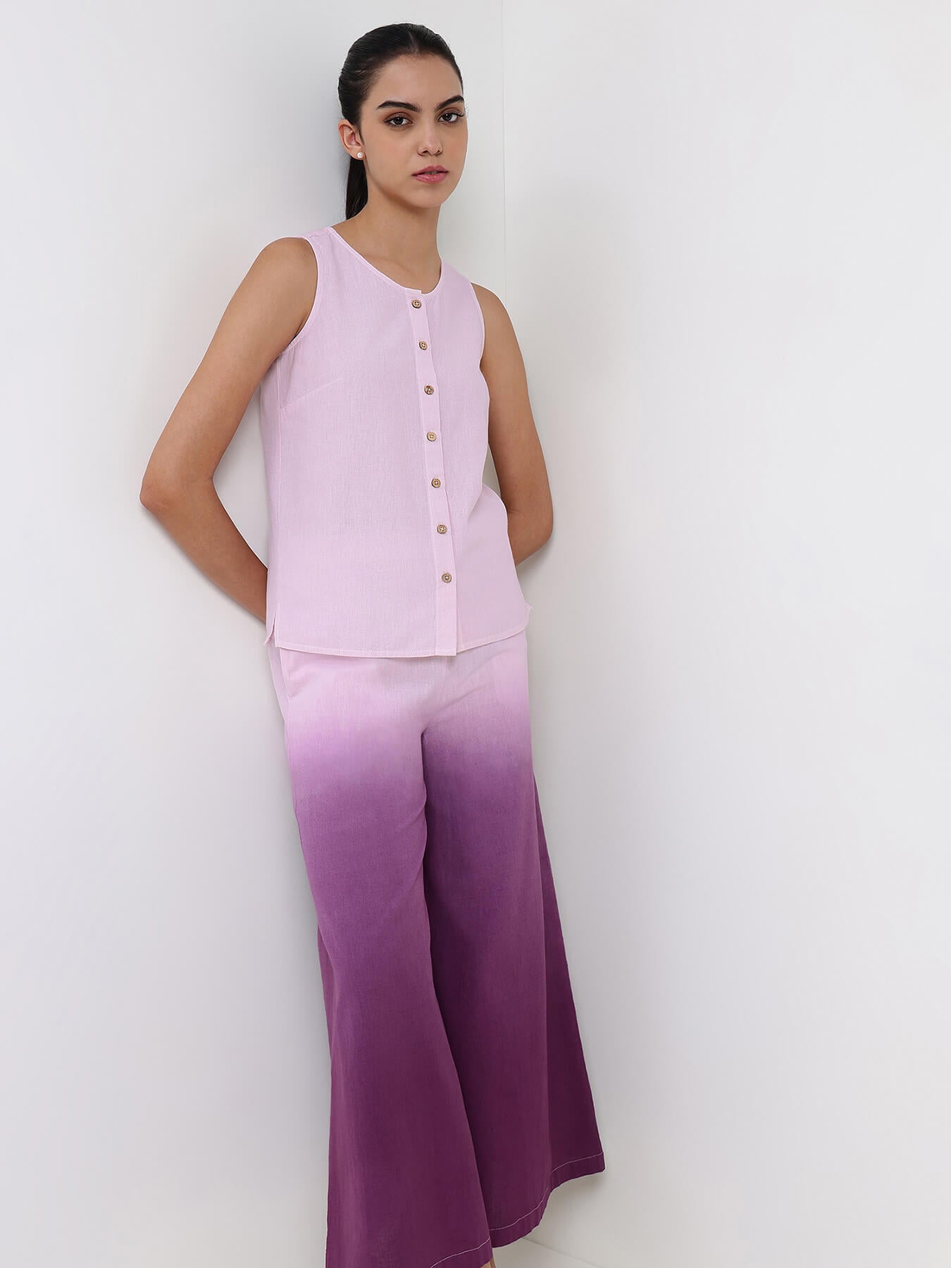 Linen Blend Solid Co-ord Set - Lavender