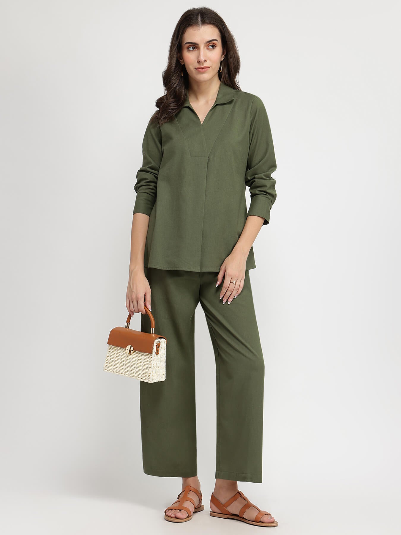 Linen Blend Solid Co-ord Set - Olive