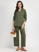 Linen Blend Solid Co-ord Set - Olive
