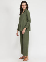 Linen Blend Solid Co-ord Set - Olive