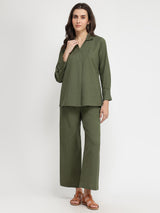 Linen Blend Solid Co-ord Set - Olive