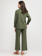 Linen Blend Solid Co-ord Set - Olive
