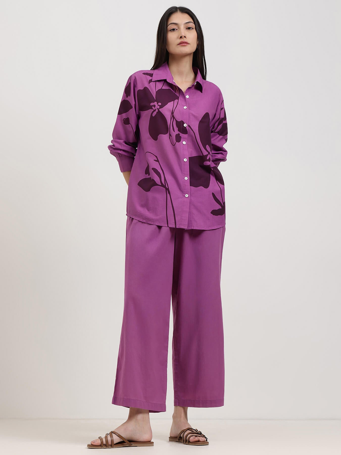 Cotton Floral Shirt Co-ord Set - Purple