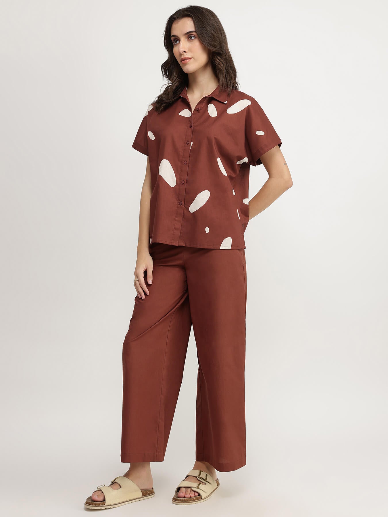 Cotton Abstract Print Co-ord Set - Brown