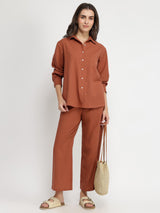 Linen Blend Solid Co-ord Set - Rust