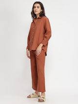 Linen Blend Solid Co-ord Set - Rust