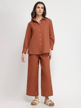 Linen Blend Solid Co-ord Set - Rust