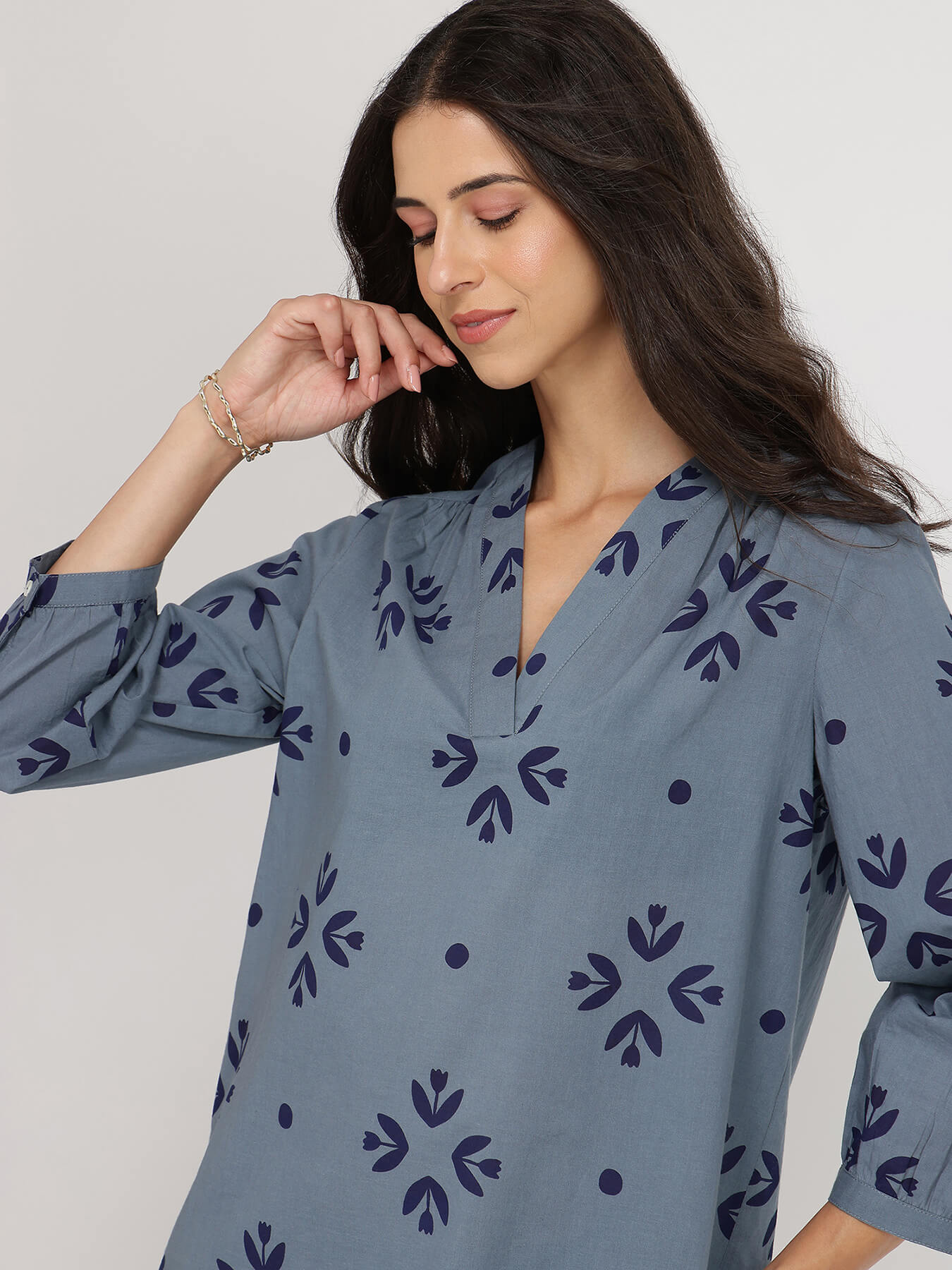 Cotton Floral Motif Co-ord Set - Blue