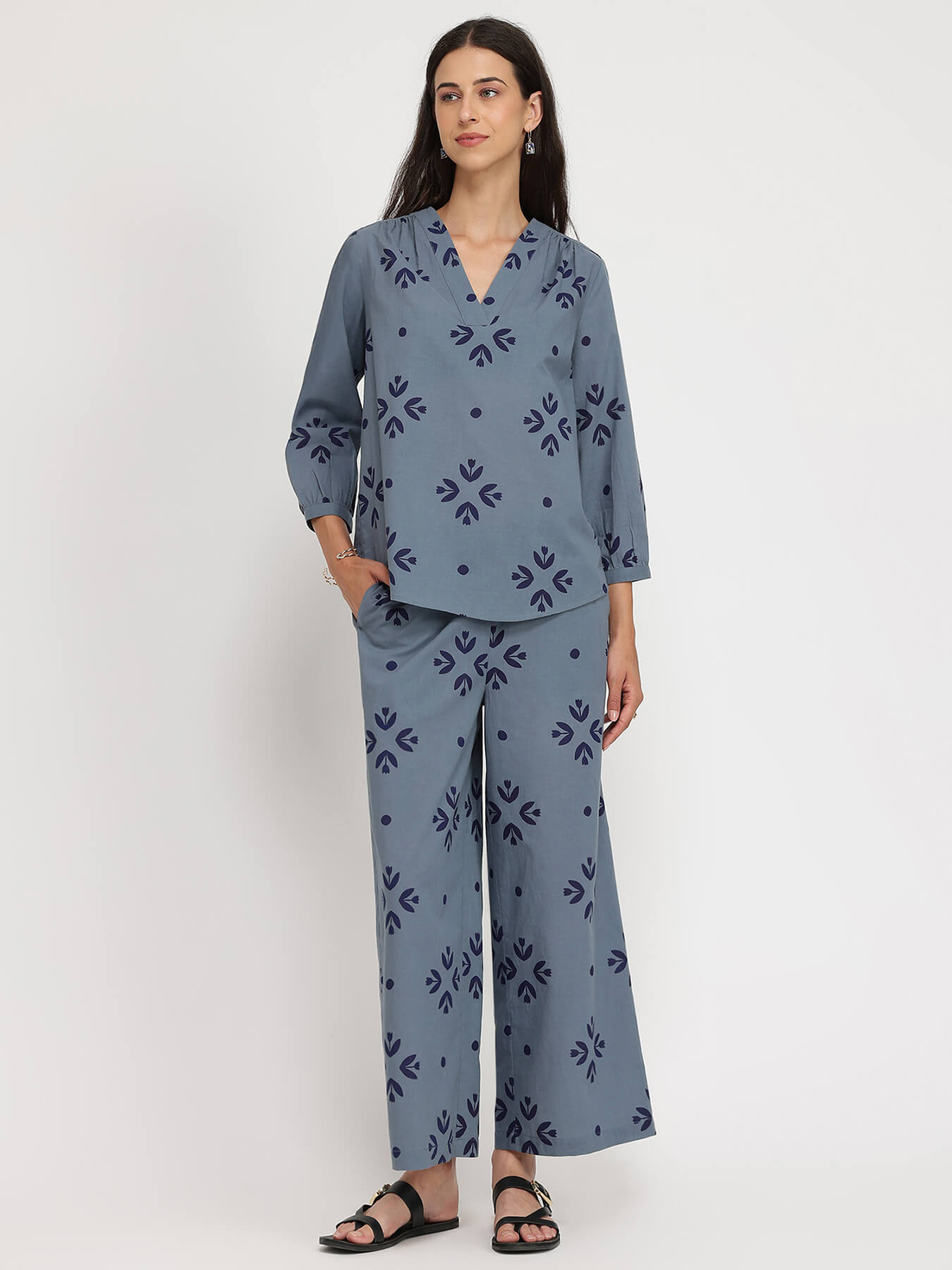 Cotton Floral Motif Co-ord Set - Blue