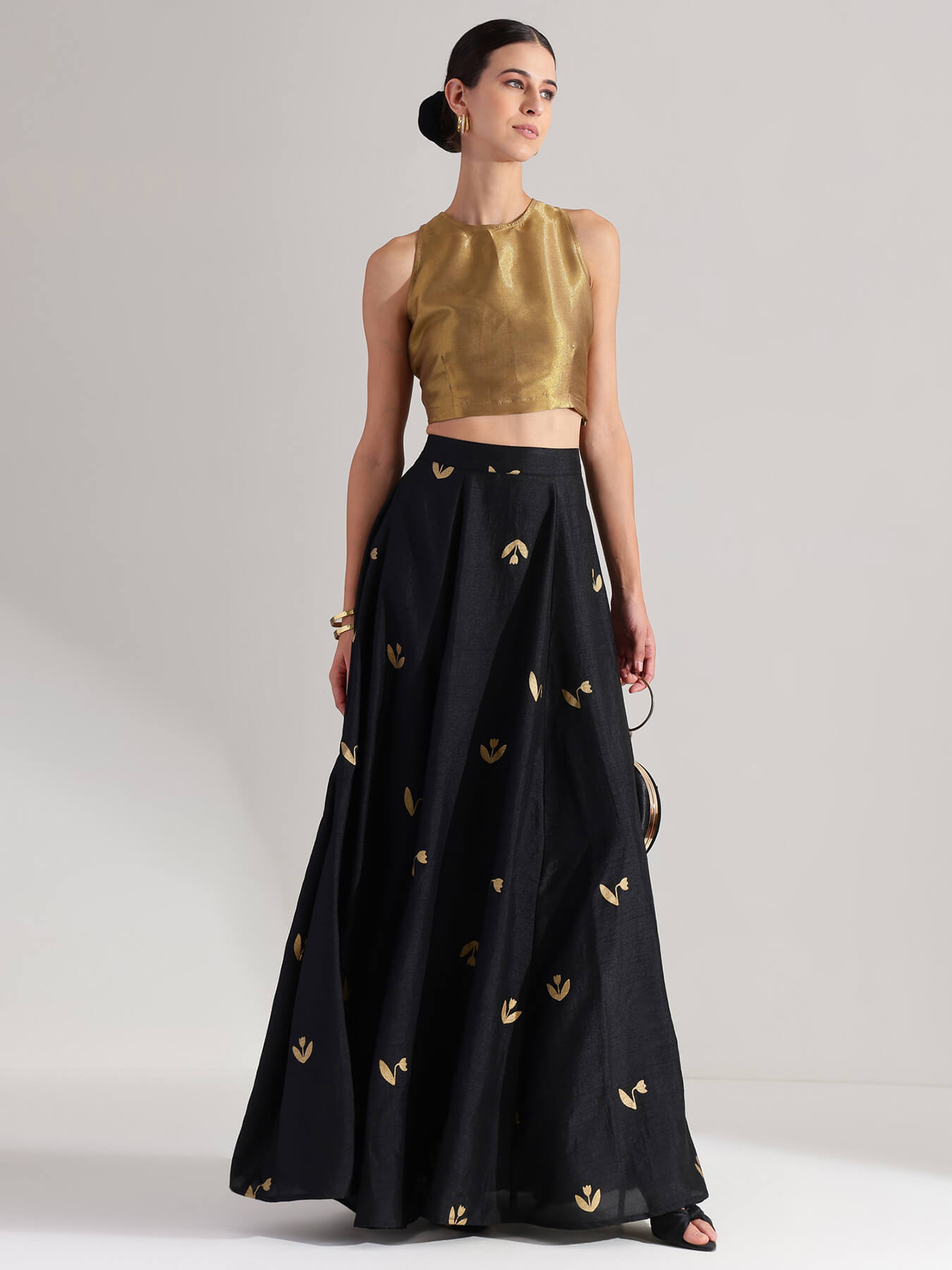 Gold Tissue Solid A-Line Skirt Set - Black & Gold