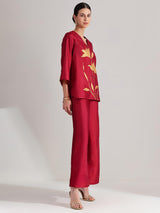 Silk Floral Statement Print Co-ord Set - Maroon & Gold