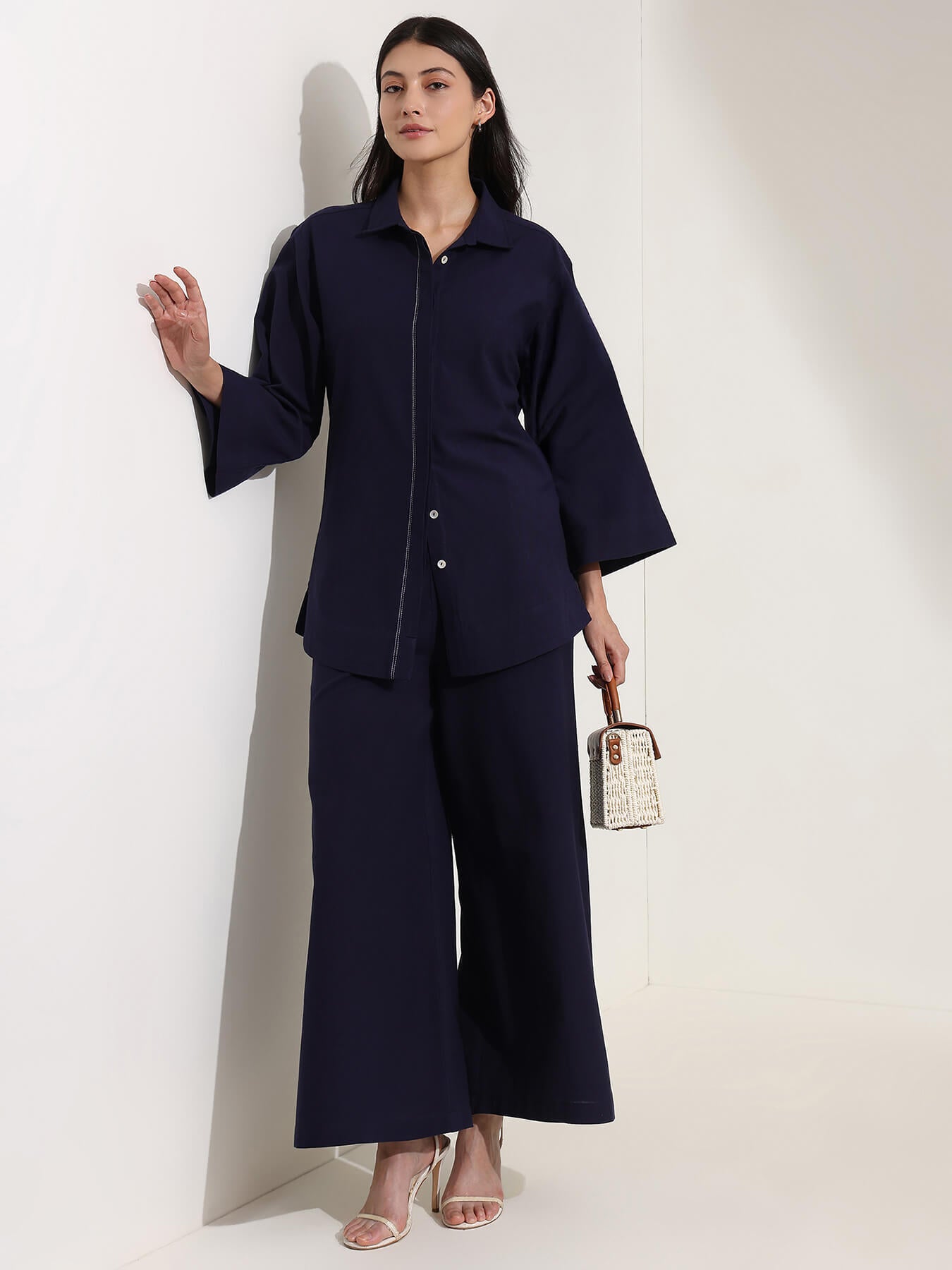 Linen Blend Solid Co-ord Set - Navy Blue