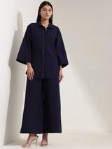 Linen Blend Solid Co-ord Set - Navy Blue