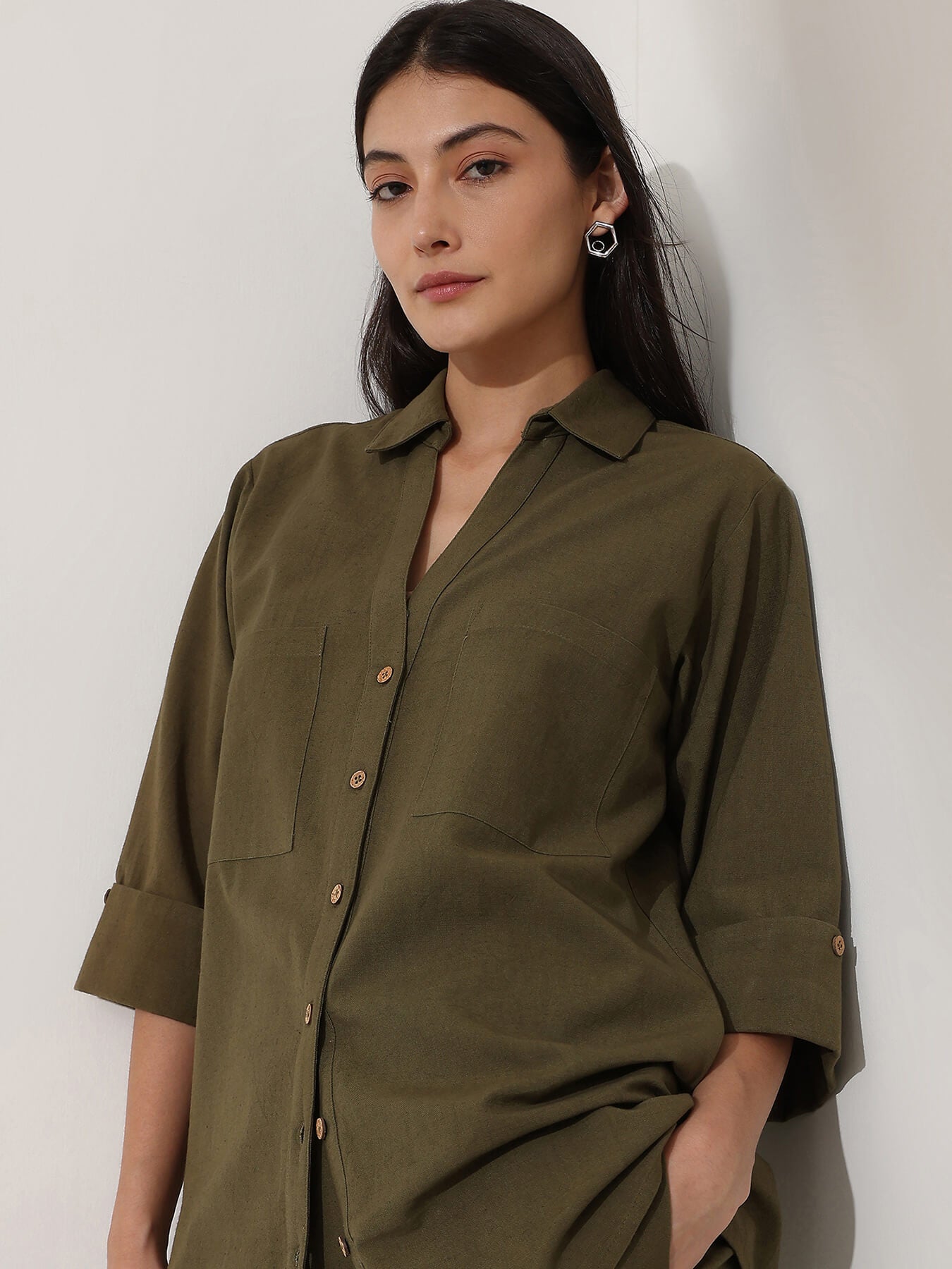 Linen Blend Solid Co-ord Set - Olive