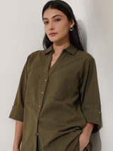 Linen Blend Solid Co-ord Set - Olive
