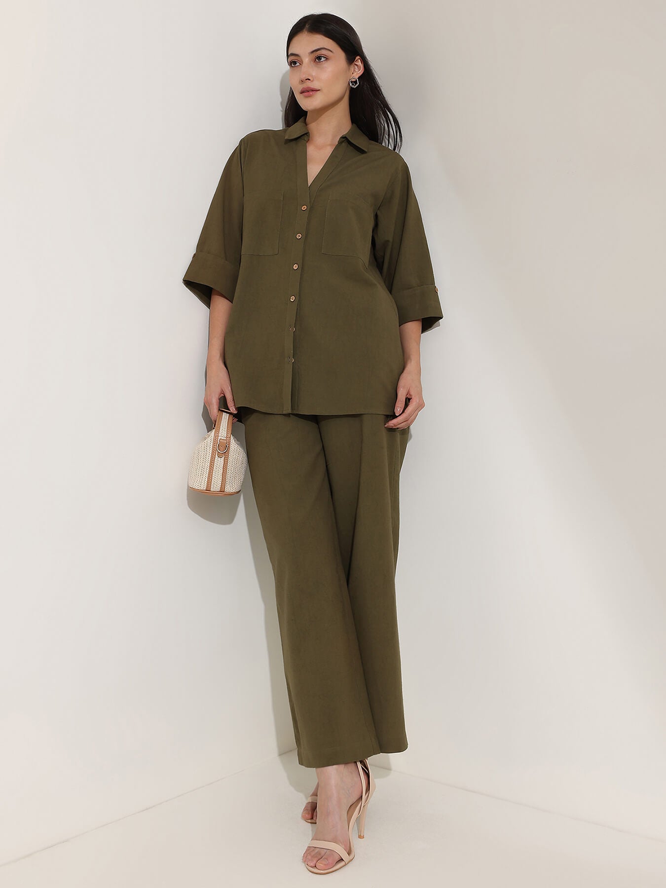Linen Blend Solid Co-ord Set - Olive