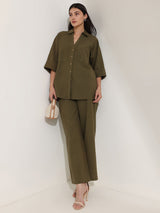 Linen Blend Solid Co-ord Set - Olive
