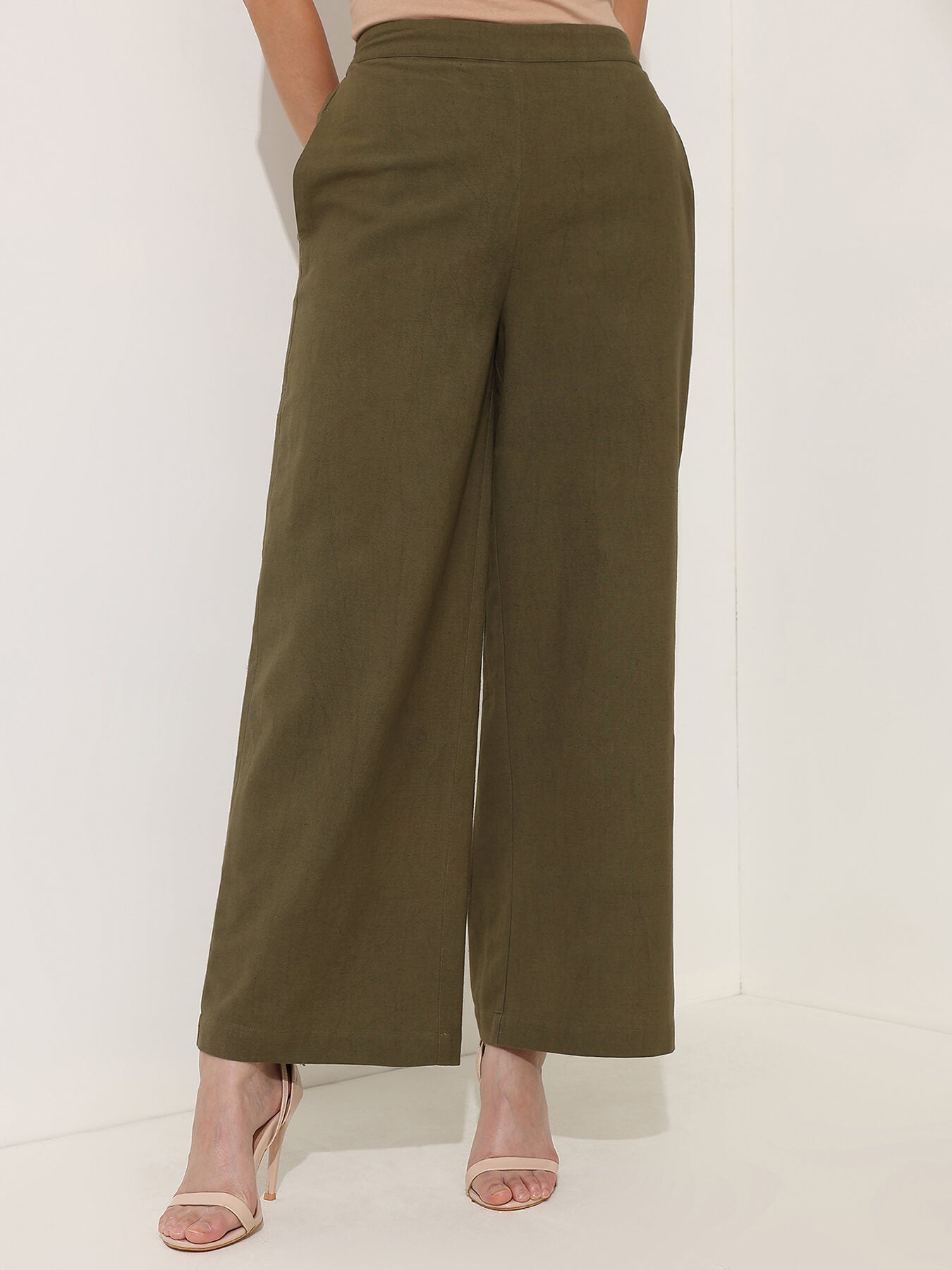 Linen Blend Solid Co-ord Set - Olive