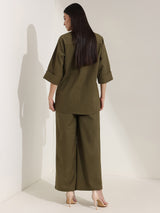 Linen Blend Solid Co-ord Set - Olive