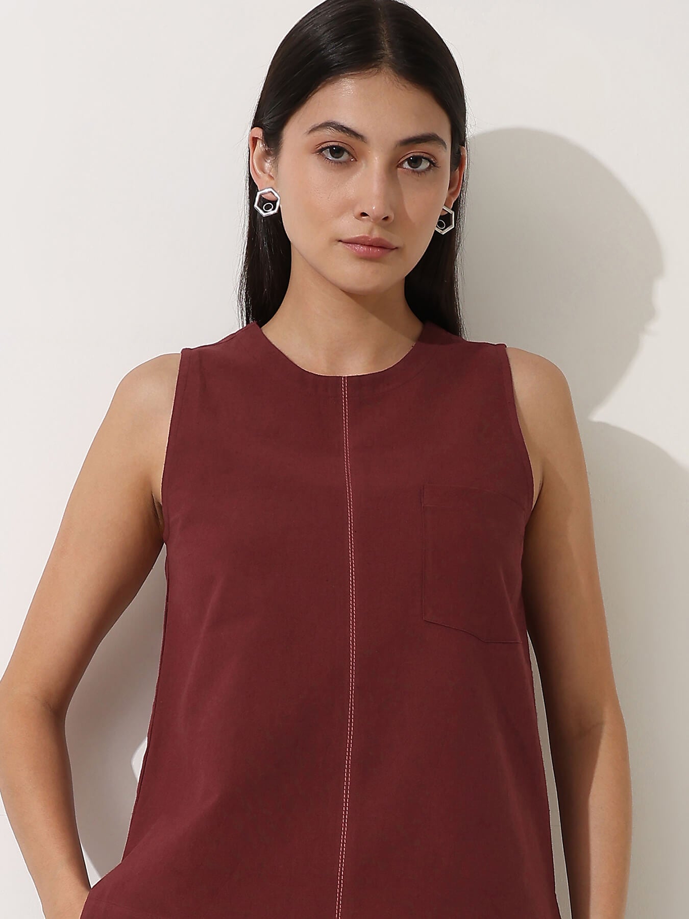 Linen Blend Solid Co-ord Set - Maroon