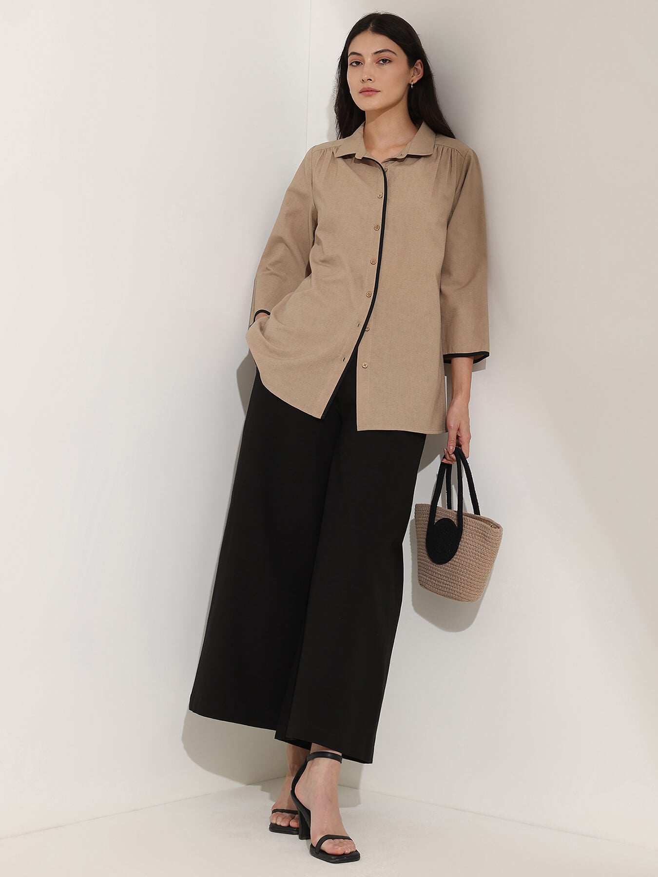 Linen Blend Solid Co-ord Set - Beige and Black