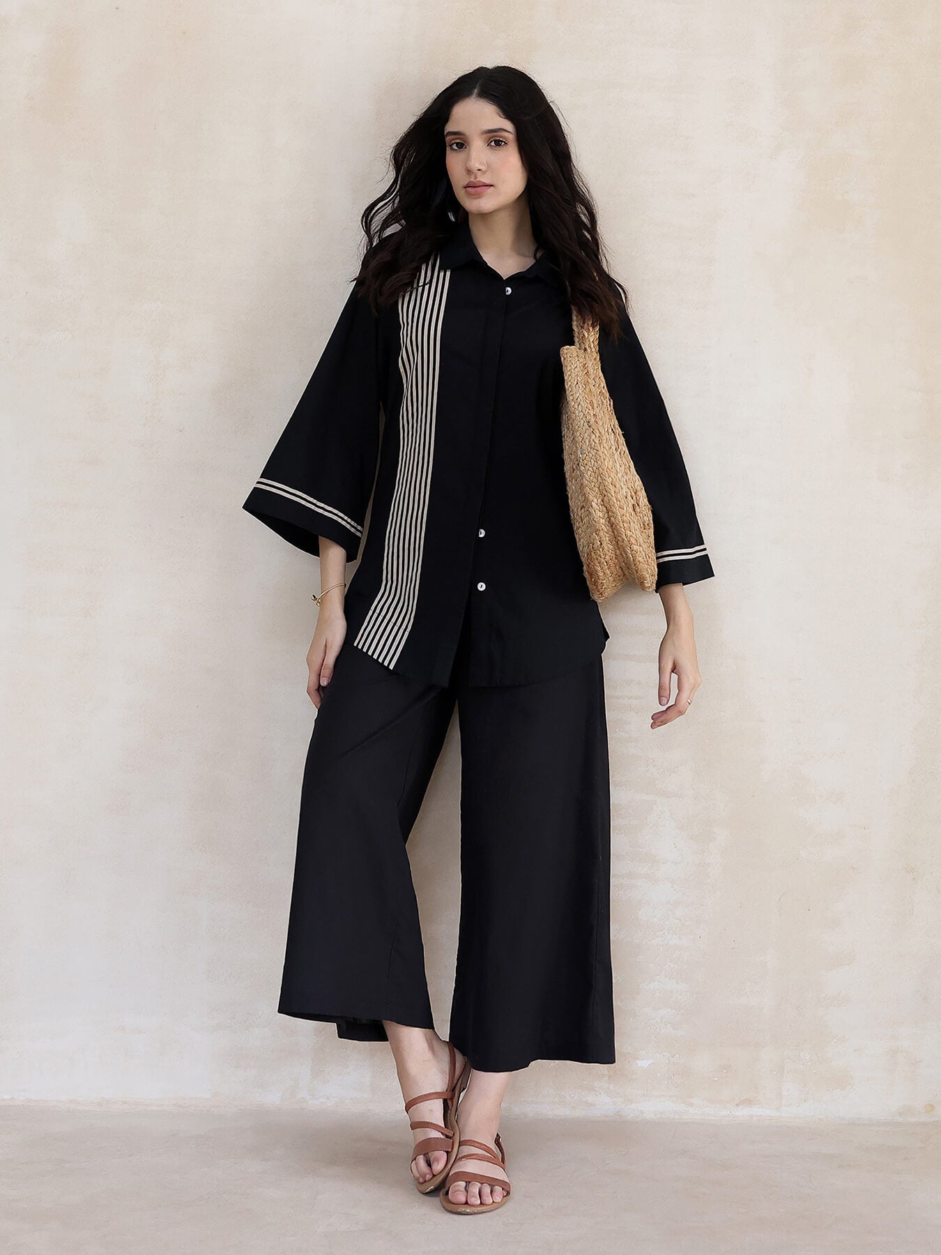 Cotton Striped Co-ord Set - Black