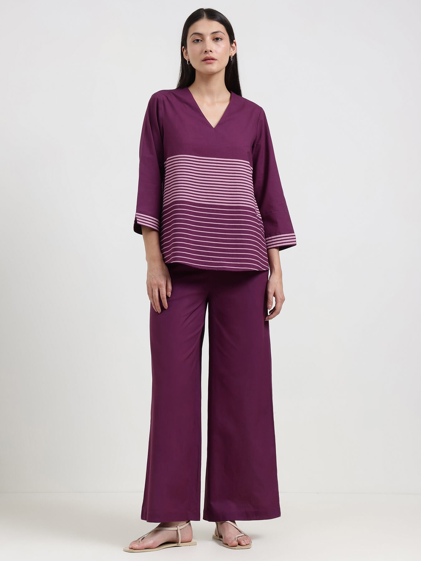 Cotton Striped Co-ord Set - Purple