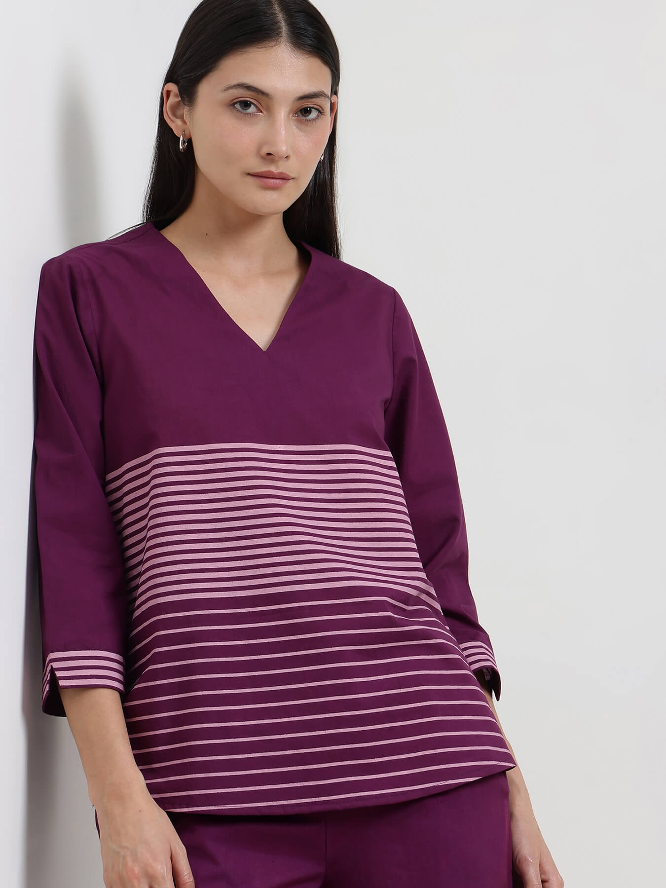 Cotton Striped Co-ord Set - Purple