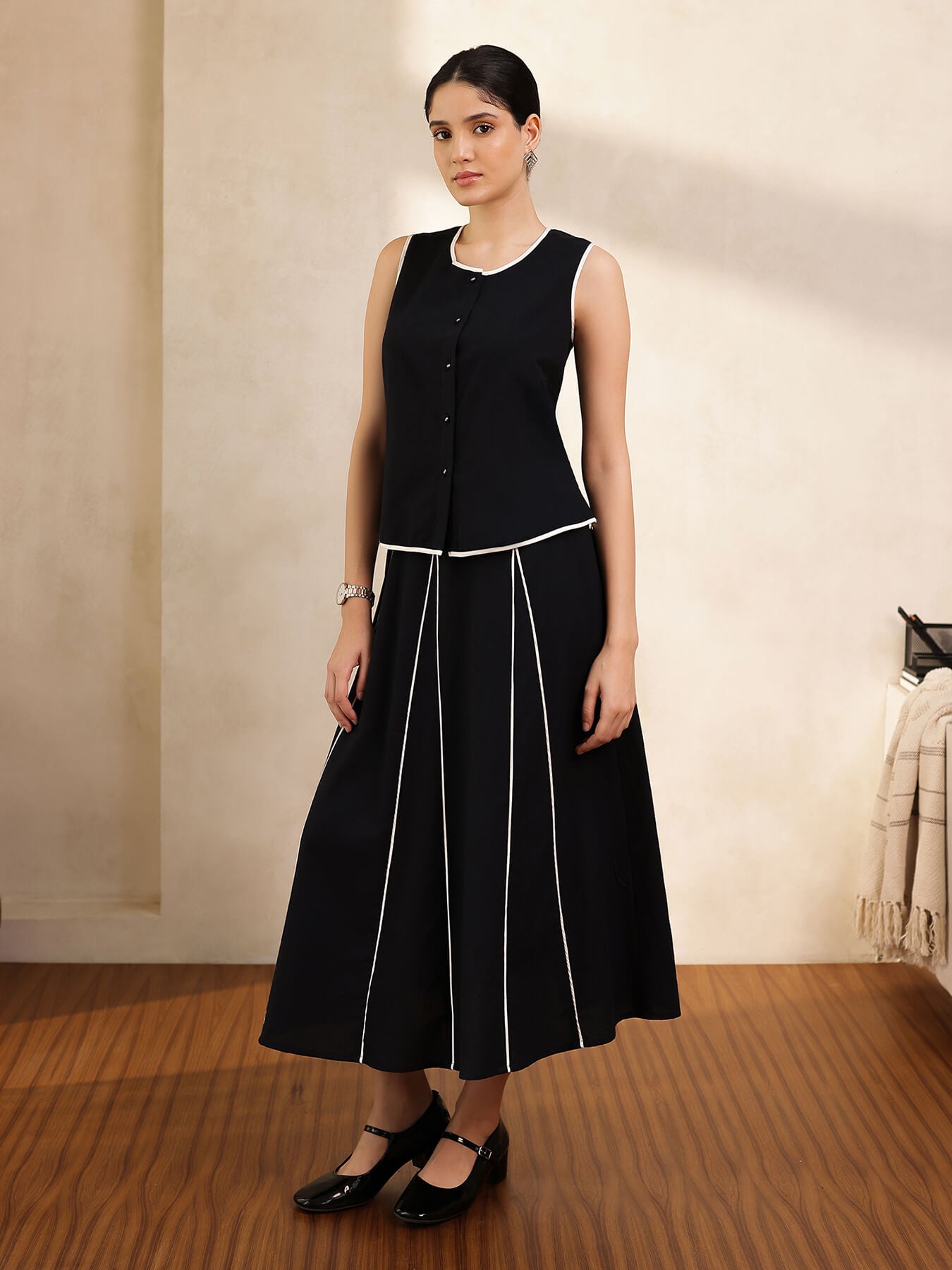 Linen Blend Colourblock Co-ord Set - Black