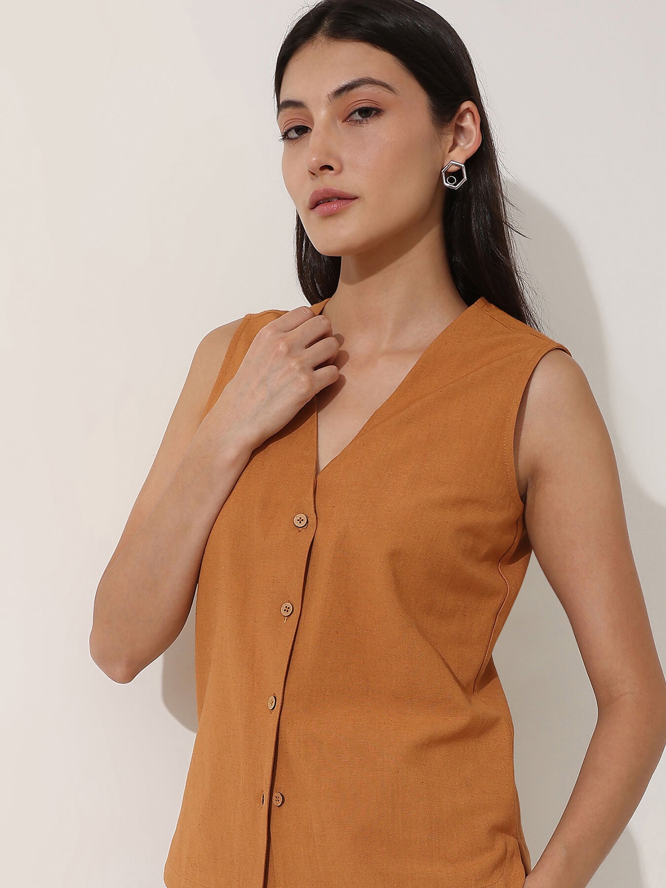 Linen Blend Solid Co-ord Set - Mustard