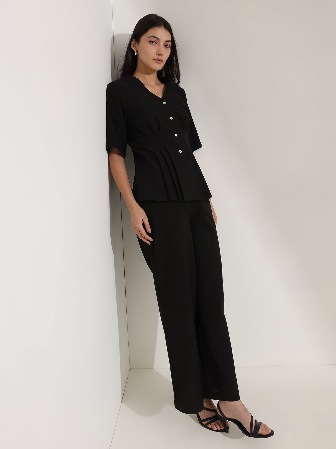 Linen Blend Solid Co-ord Set - Black