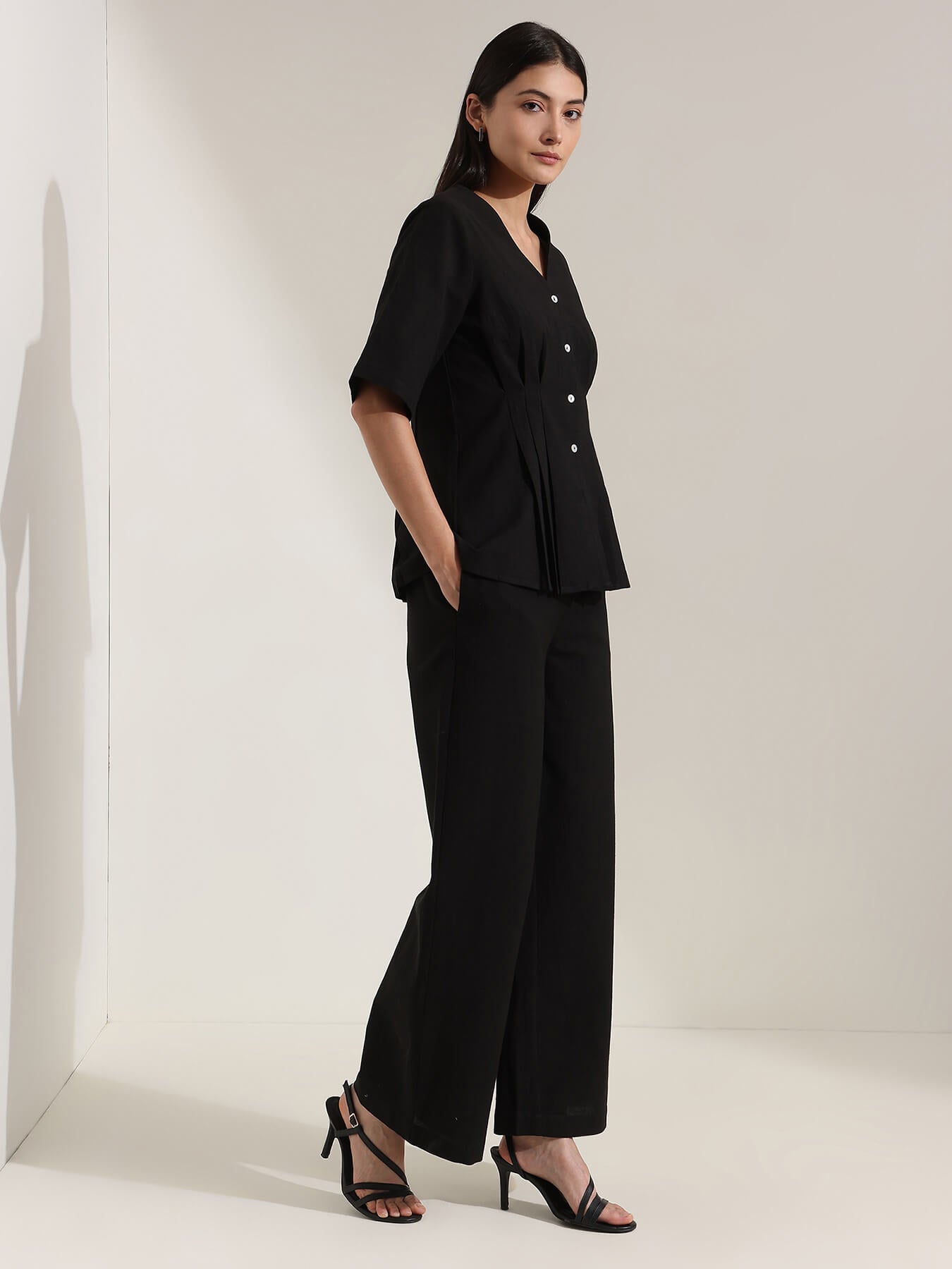 Linen Blend Solid Co-ord Set - Black