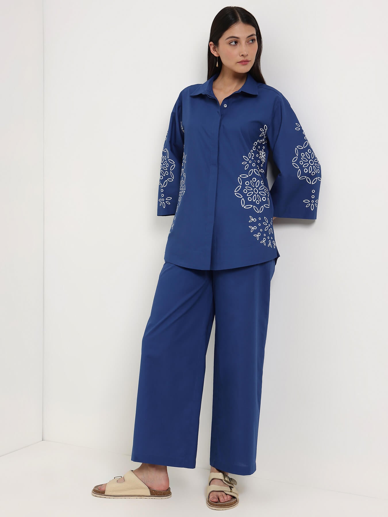 Cotton Floral Shirt Style Co-Ord Set - Blue