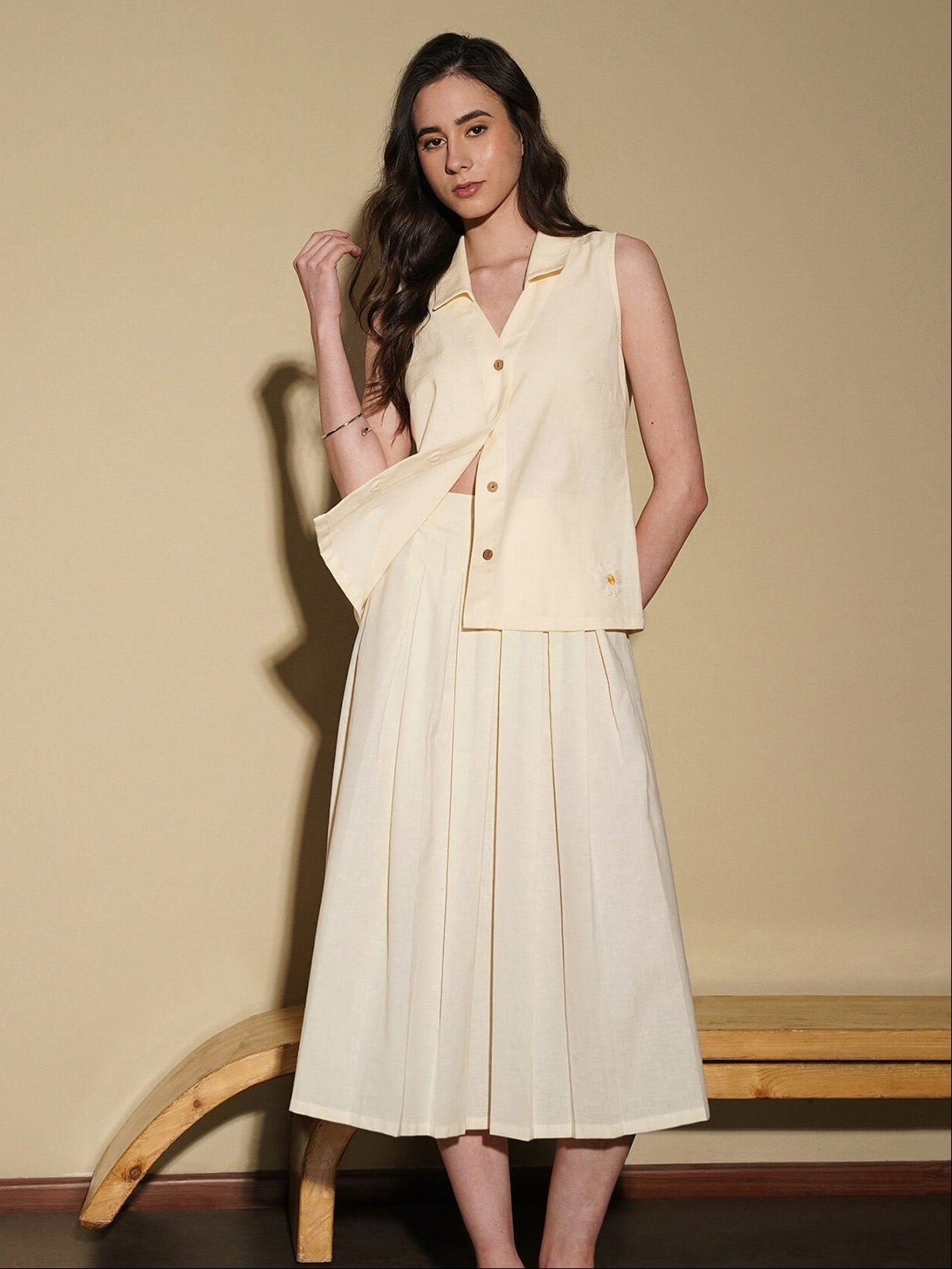 Linen Blend Solid Shirt Style Co-Ord Set - Off White