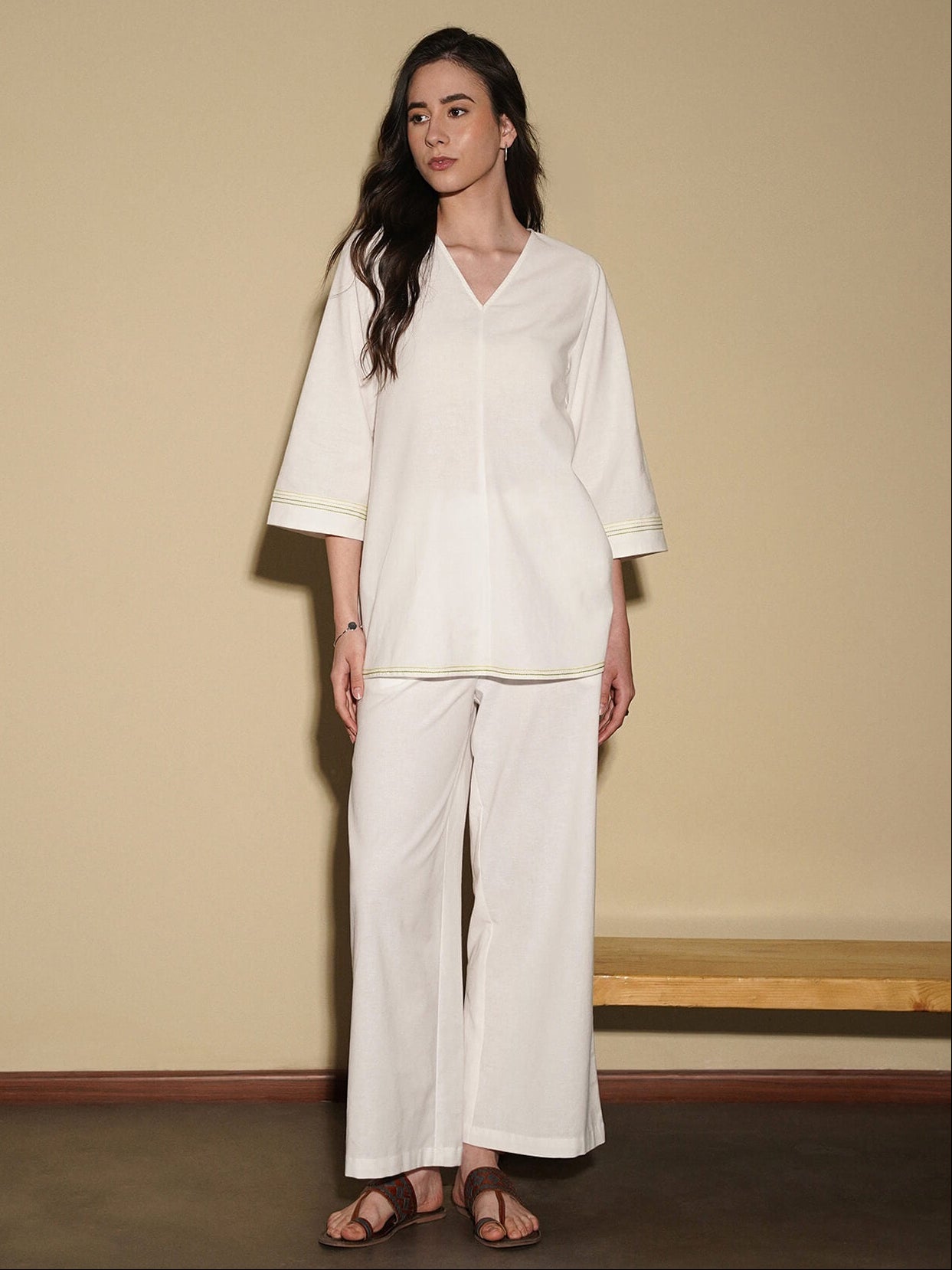 Linen Blend Solid Co-Ord Set - White