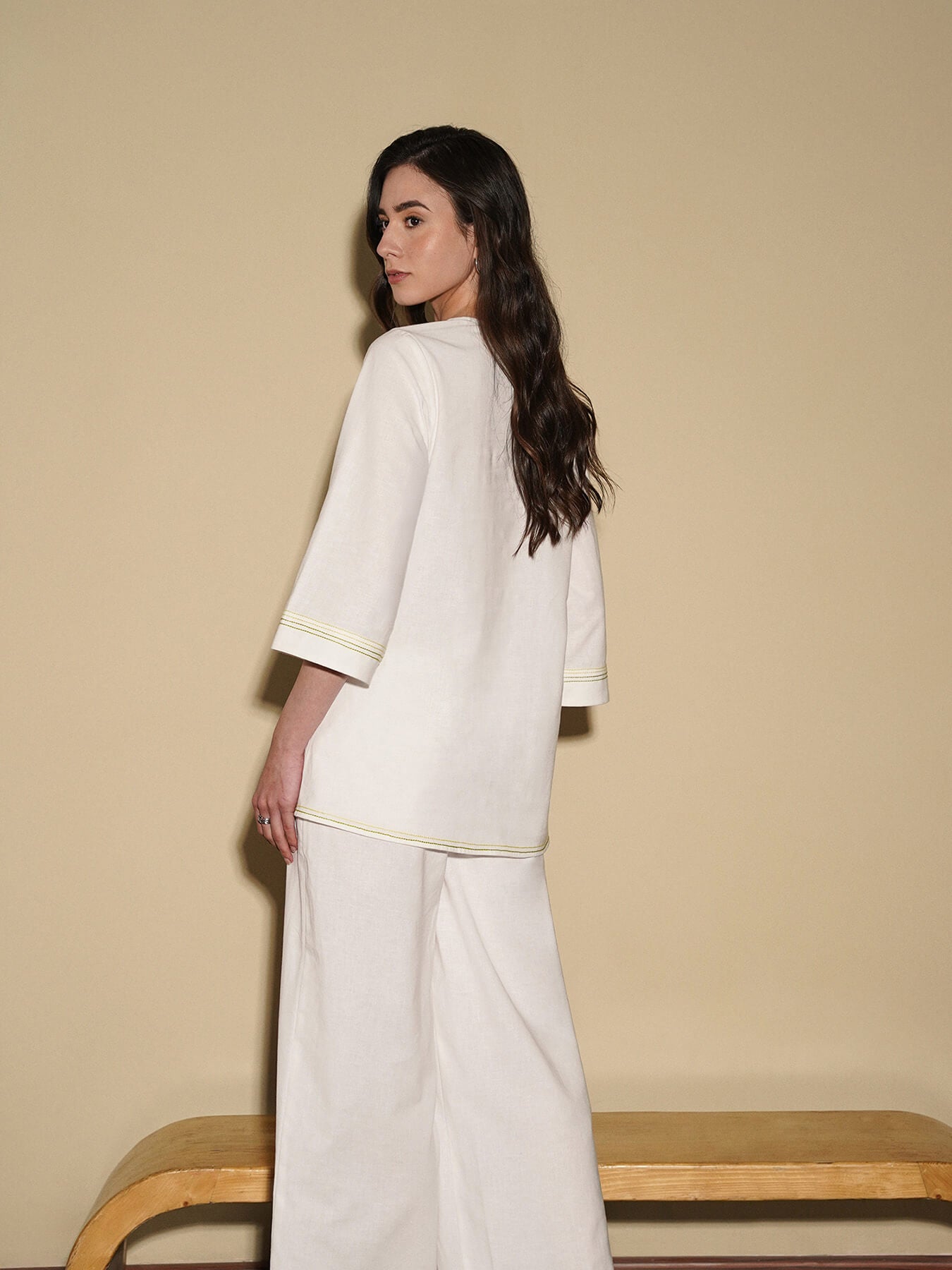 Linen Blend Solid Co-Ord Set - White