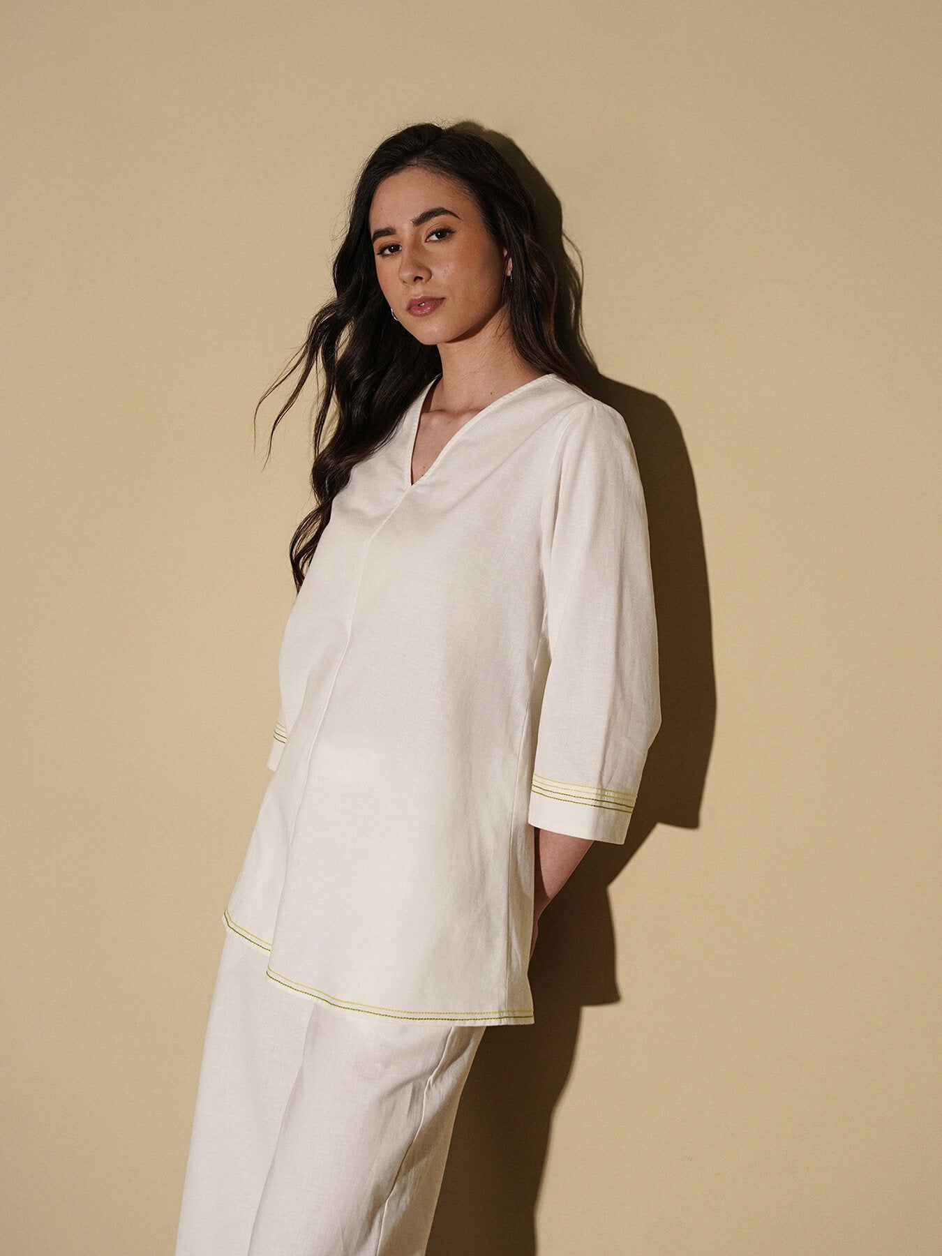Linen Blend Solid Co-Ord Set - White