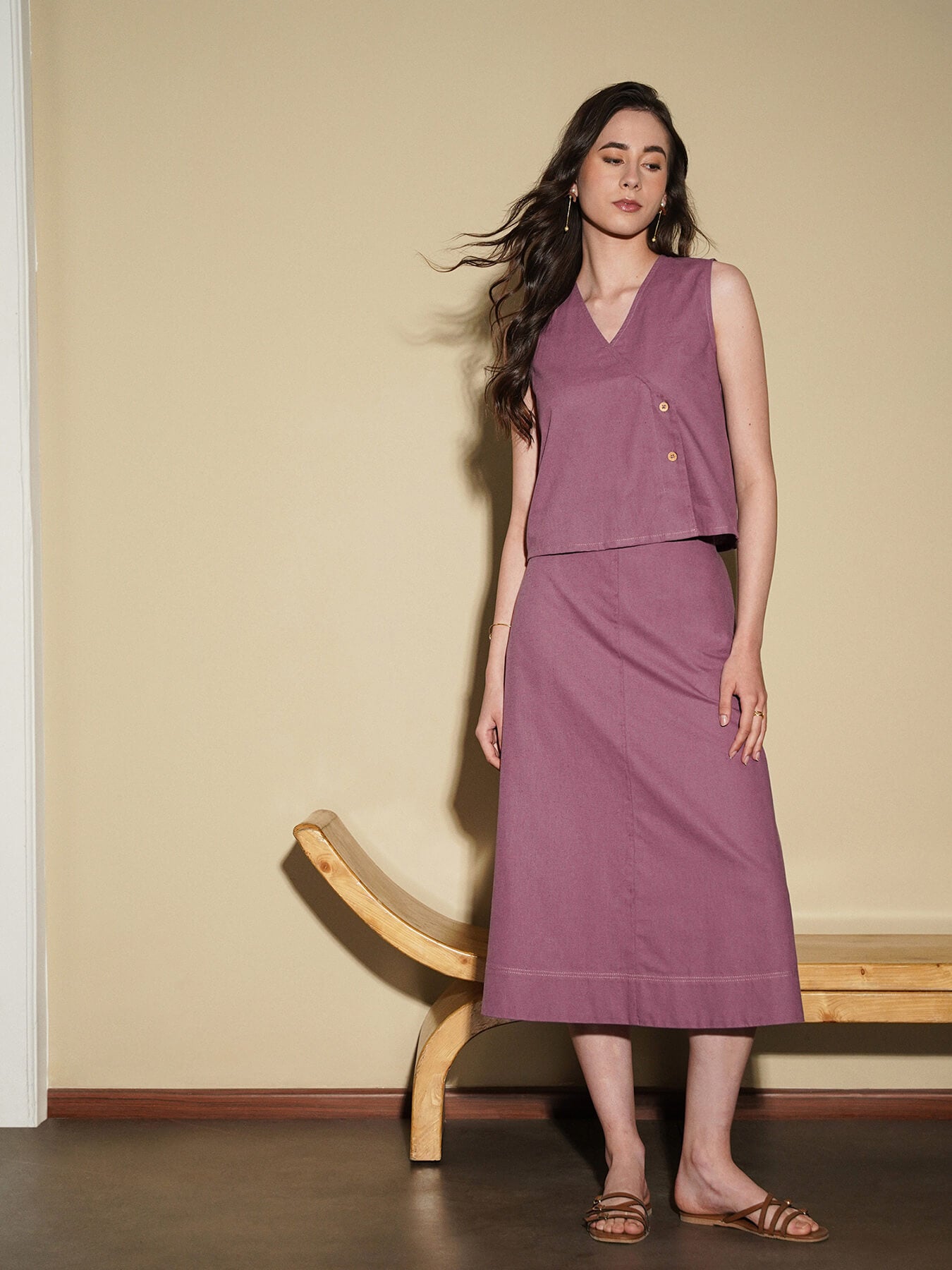 Linen Blend Solid Co-Ord Set - Purple