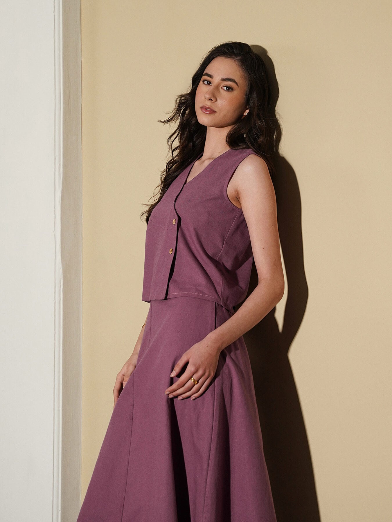 Linen Blend Solid Co-Ord Set - Purple