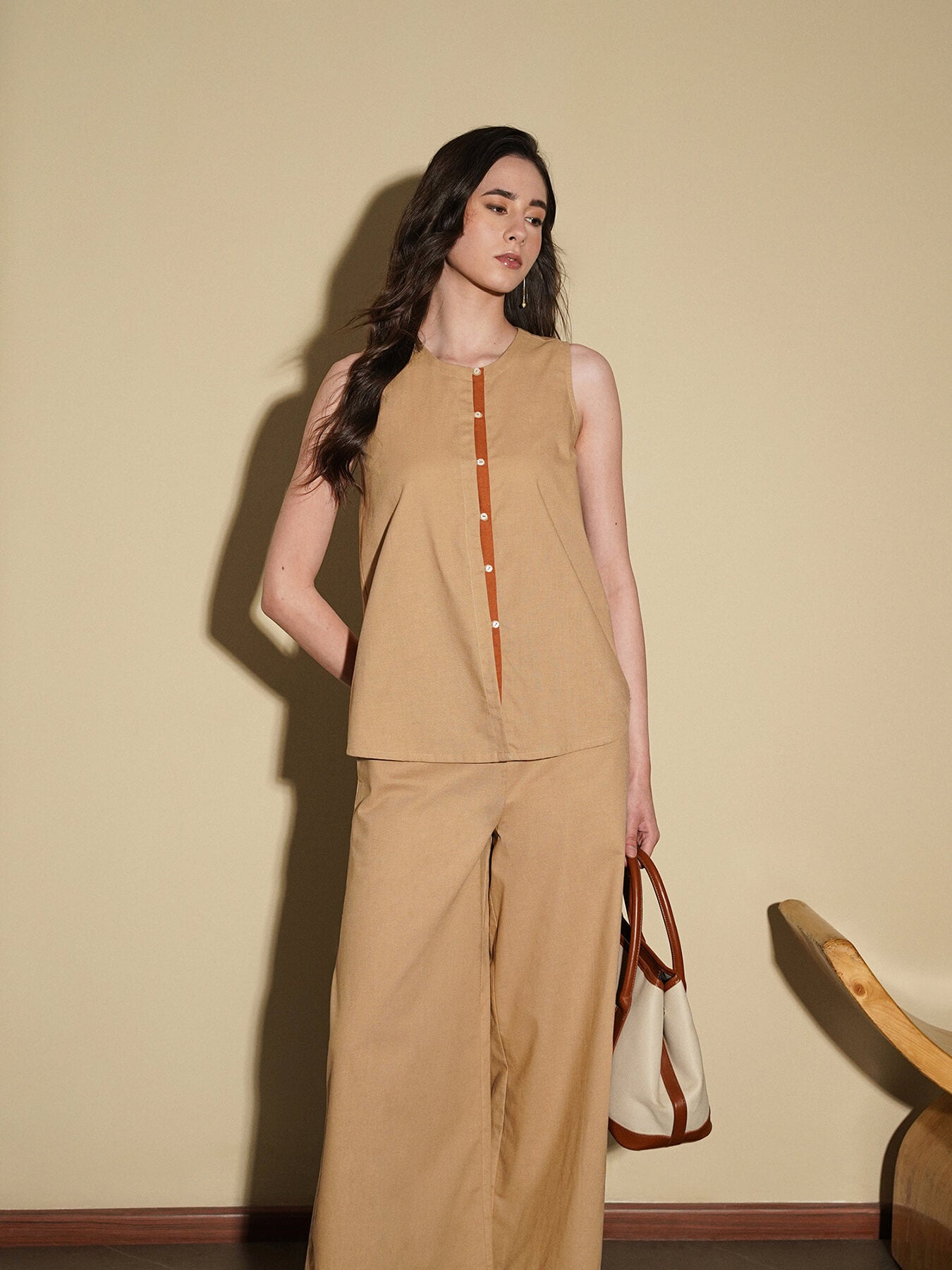 Linen Blend Colourblock Co-Ord Set - Beige