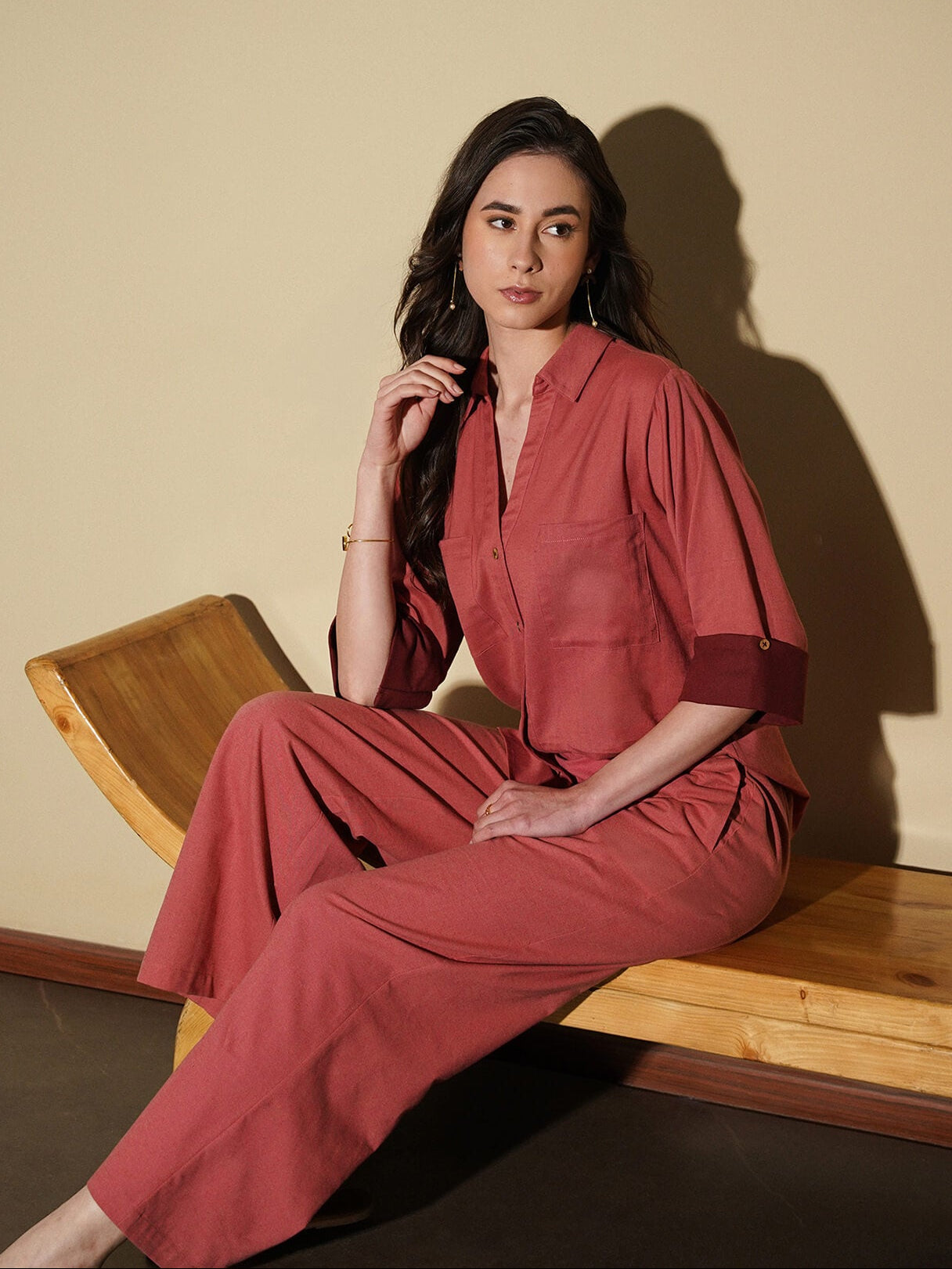 Linen Blend Colourblock Co-Ord Set - Pink