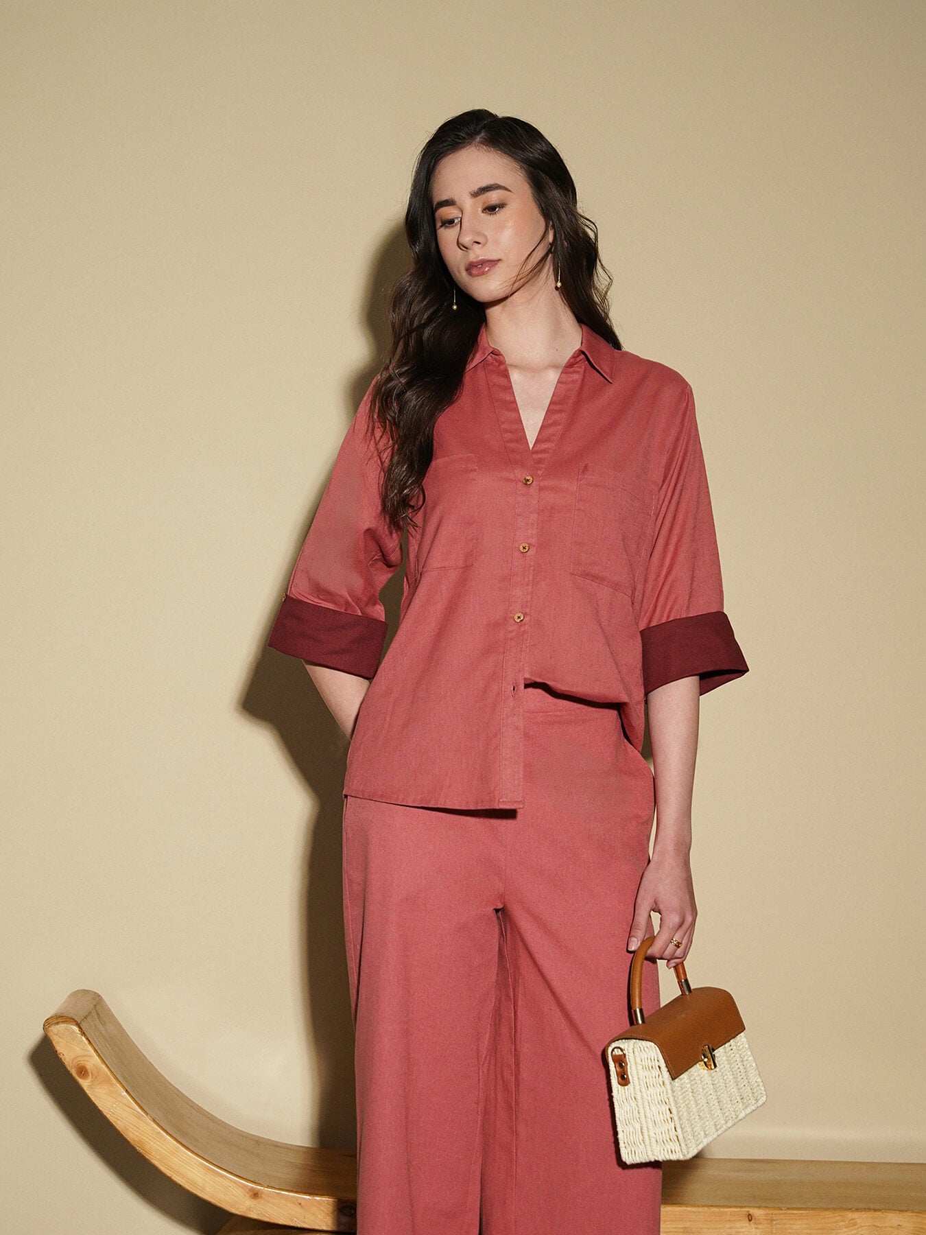 Linen Blend Colourblock Co-Ord Set - Pink