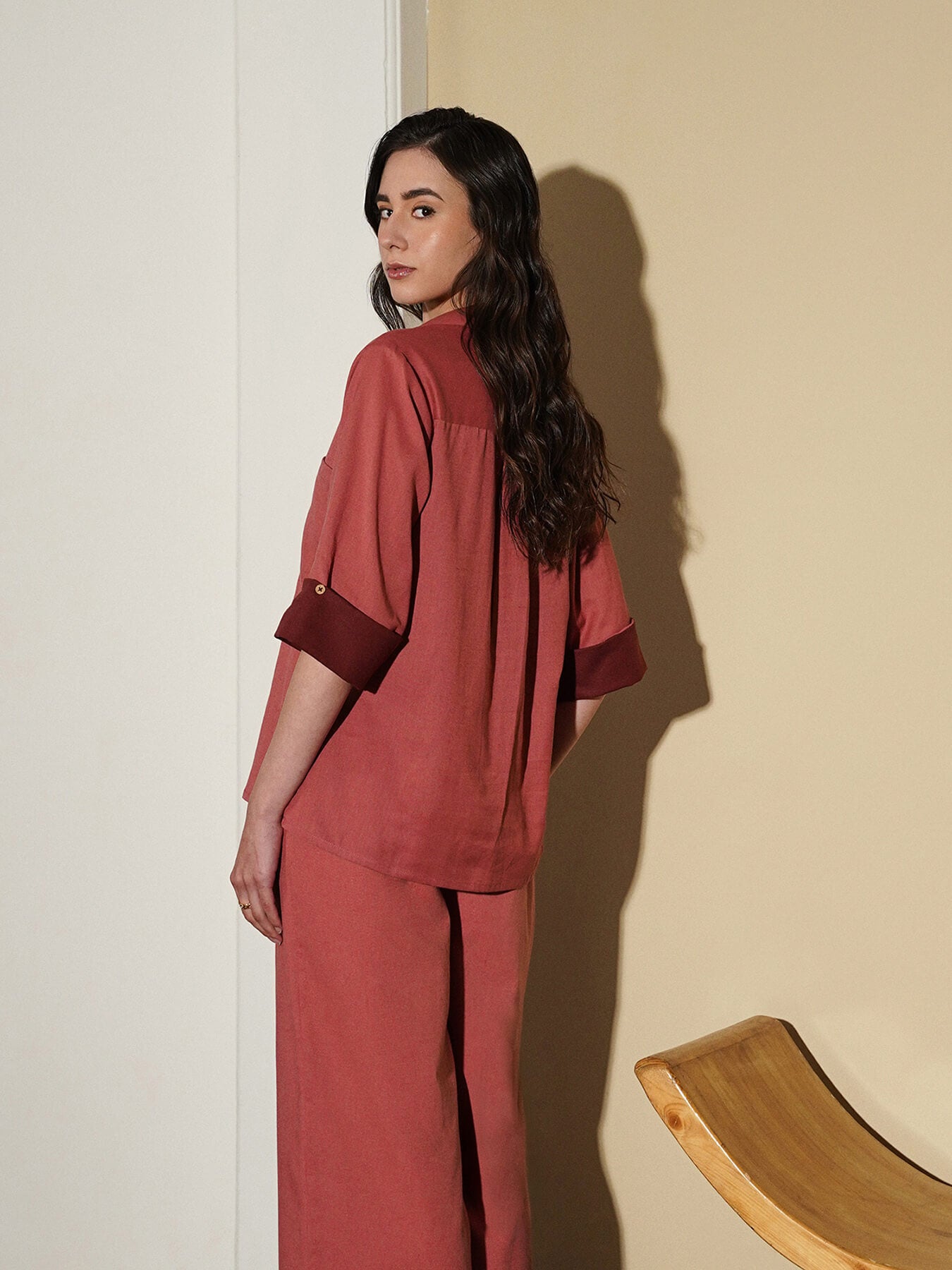 Linen Blend Colourblock Co-Ord Set - Pink