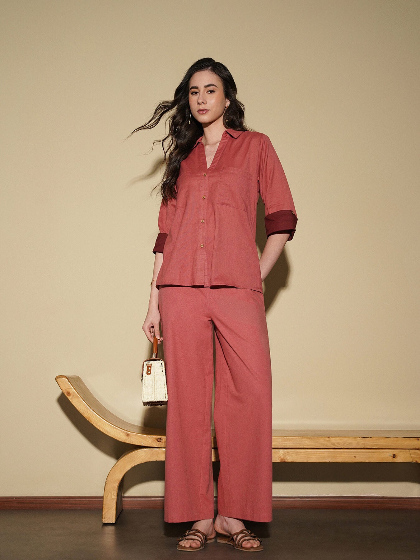 Linen Blend Colourblock Co-Ord Set - Pink